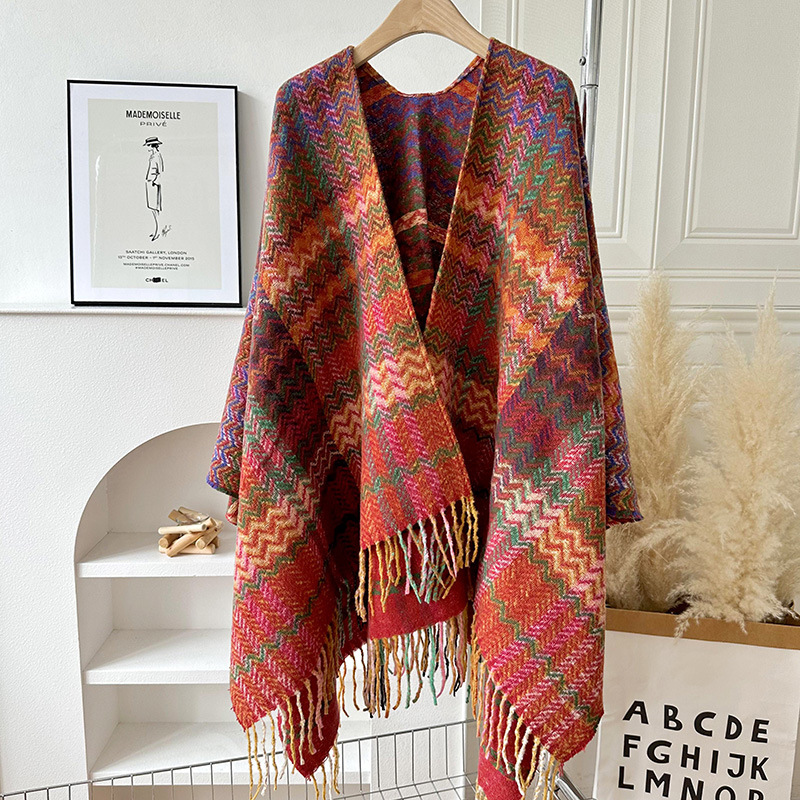 Women's plaid thickened warm sleeve knitted shawl