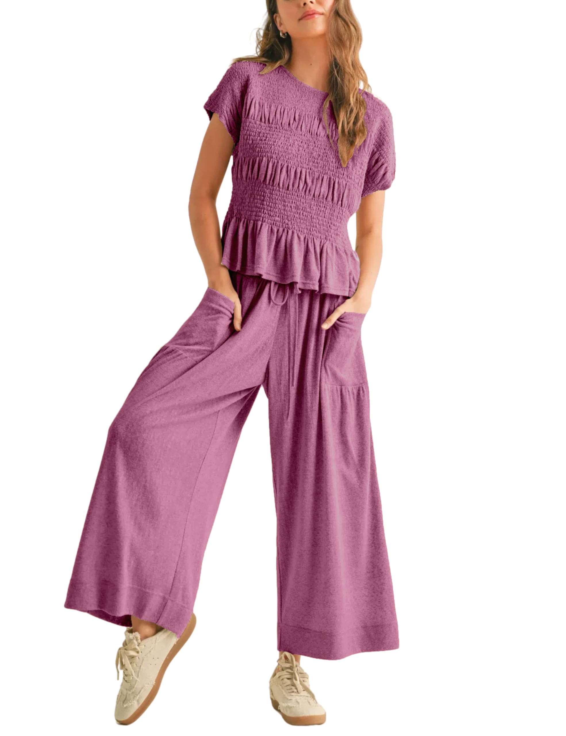 2025 Women's New Summer Short-Sleeved Pleated Wide-Leg ninth pants casual suit