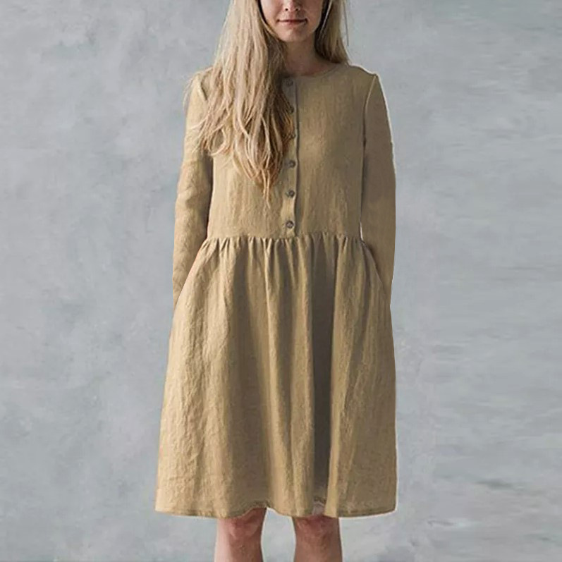 2024 Women's Fashion Casual Round Neck Pocket Button Cotton and Linen Dress