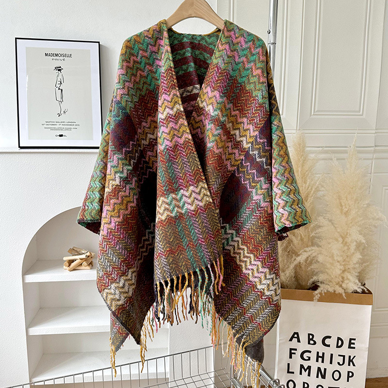 Women's plaid thickened warm sleeve knitted shawl