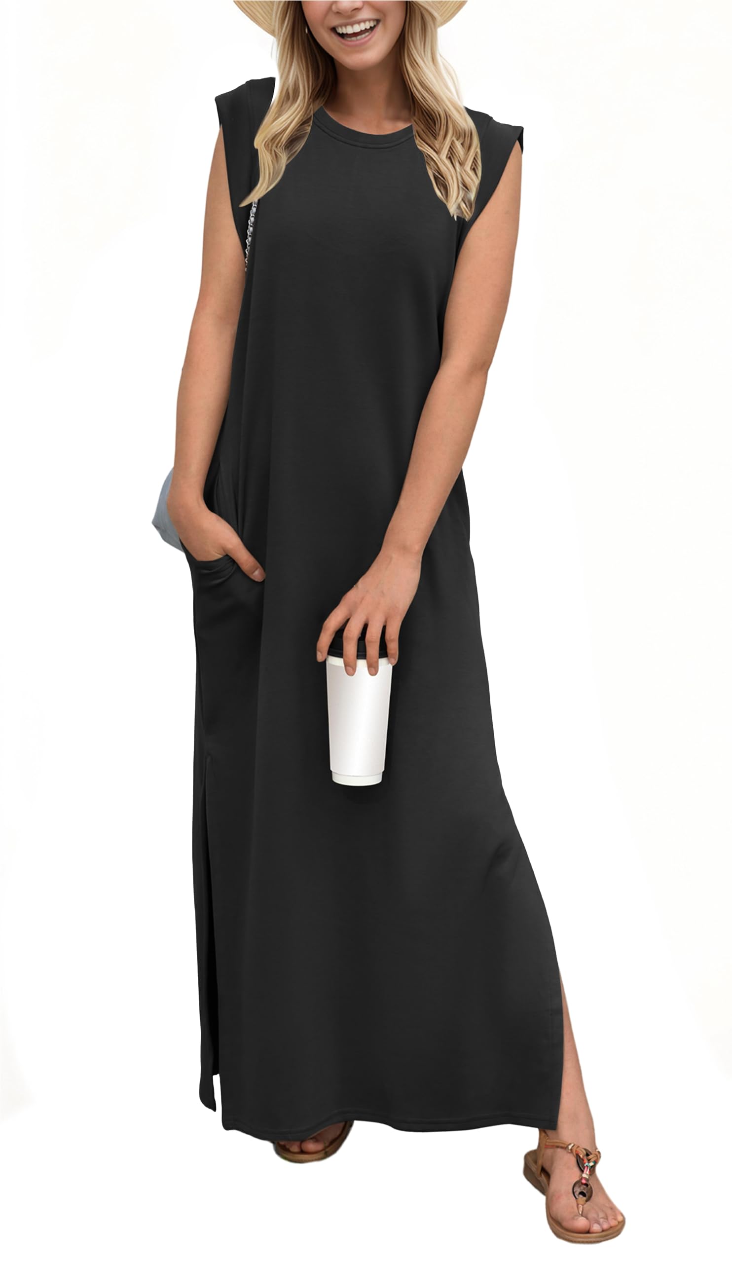 Women Casual Loose Split Wrinkle-Free Long Maxi  Dress with Pockets