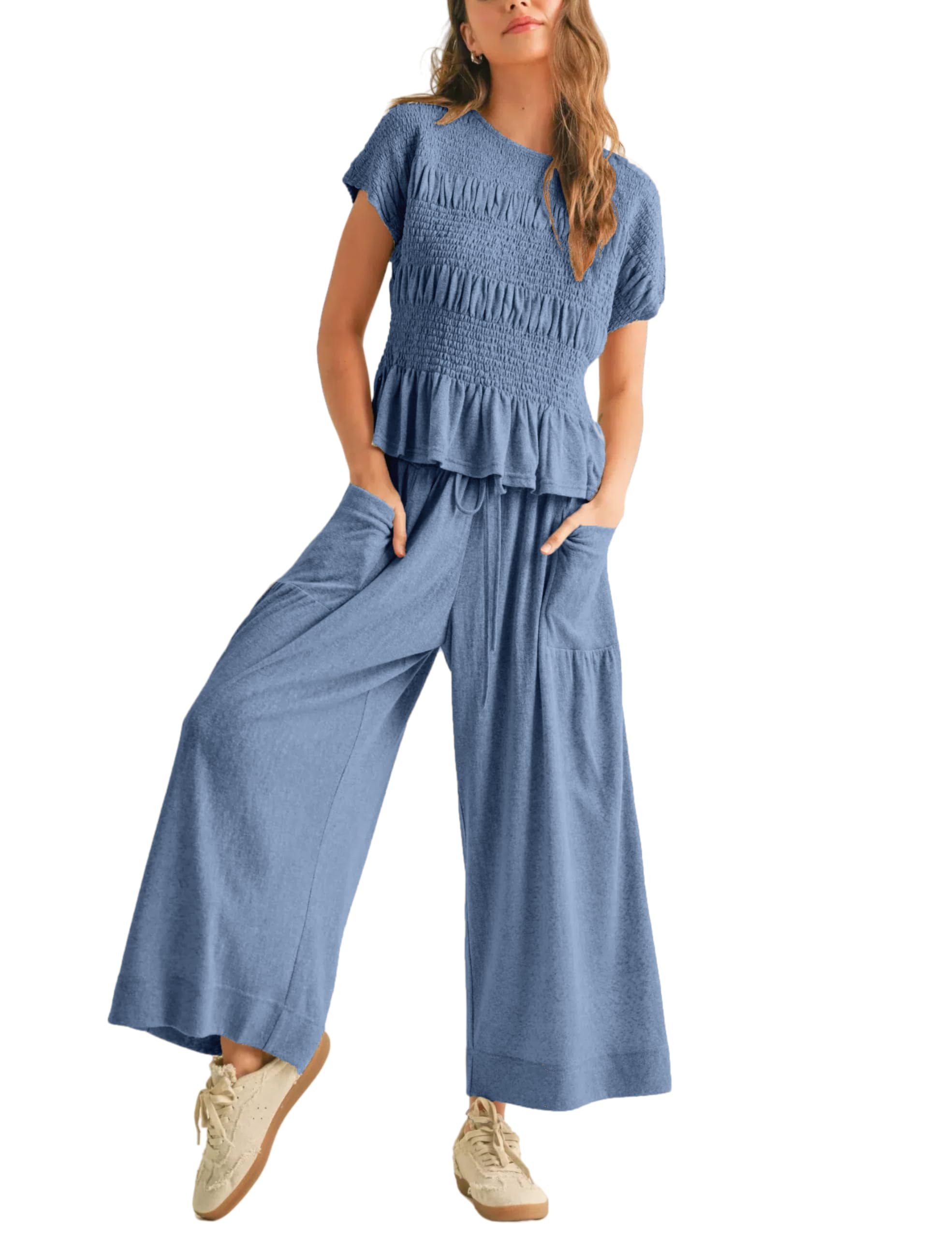 2025 Women's New Summer Short-Sleeved Pleated Wide-Leg ninth pants casual suit