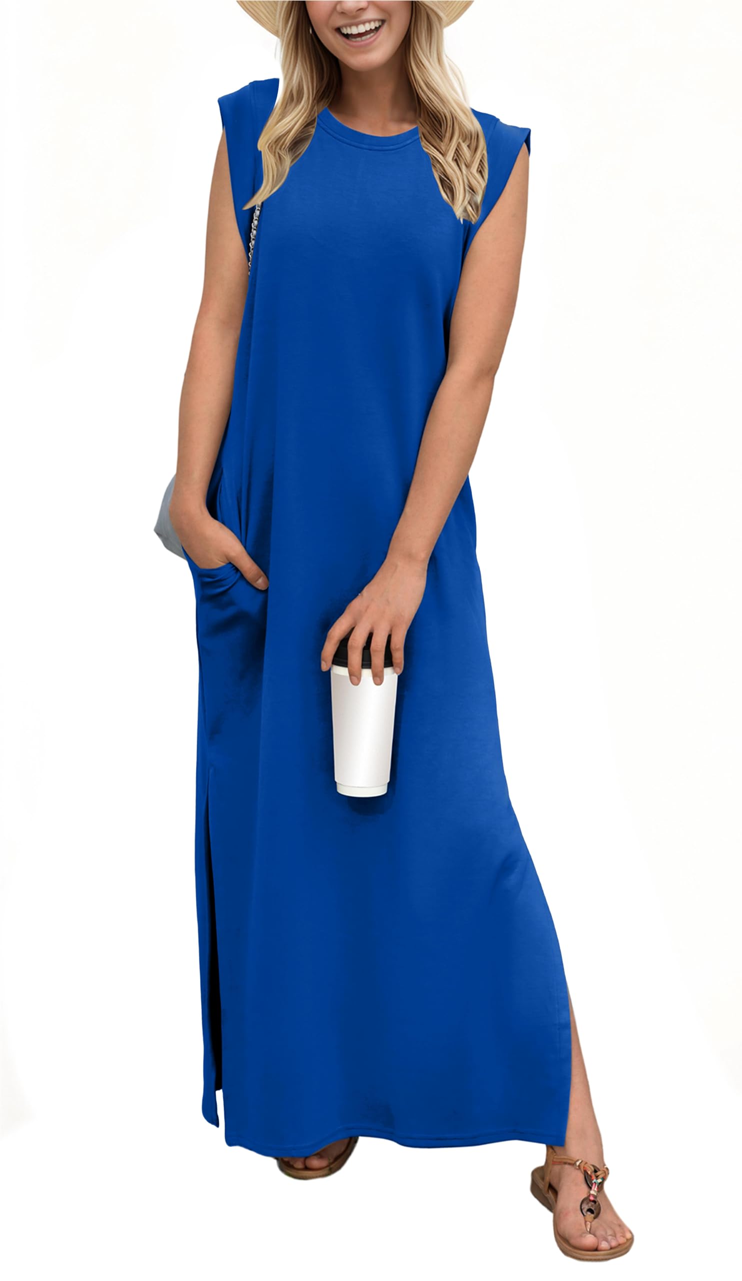 Women Casual Loose Split Wrinkle-Free Long Maxi  Dress with Pockets