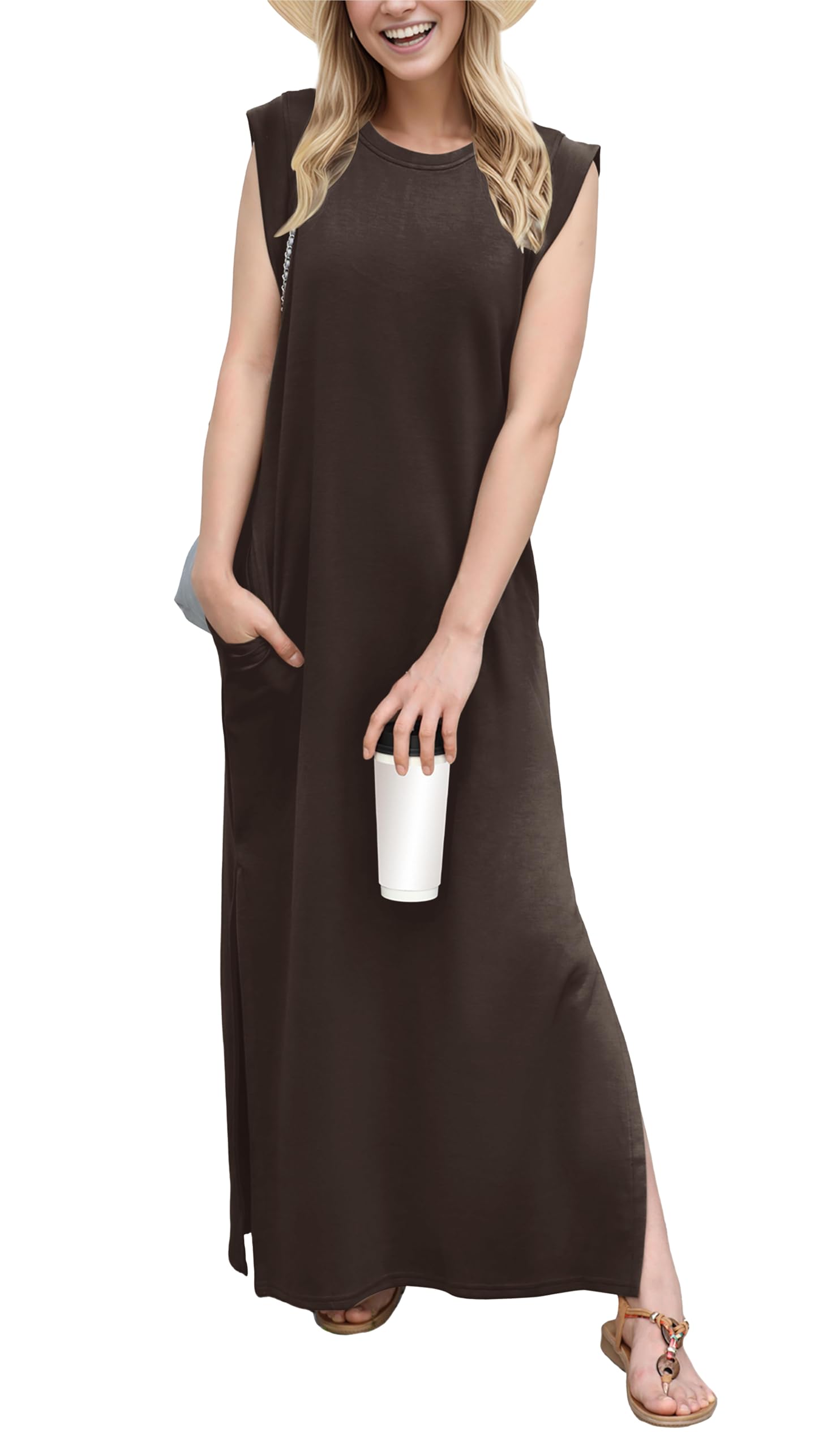 Women Casual Loose Split Wrinkle-Free Long Maxi  Dress with Pockets
