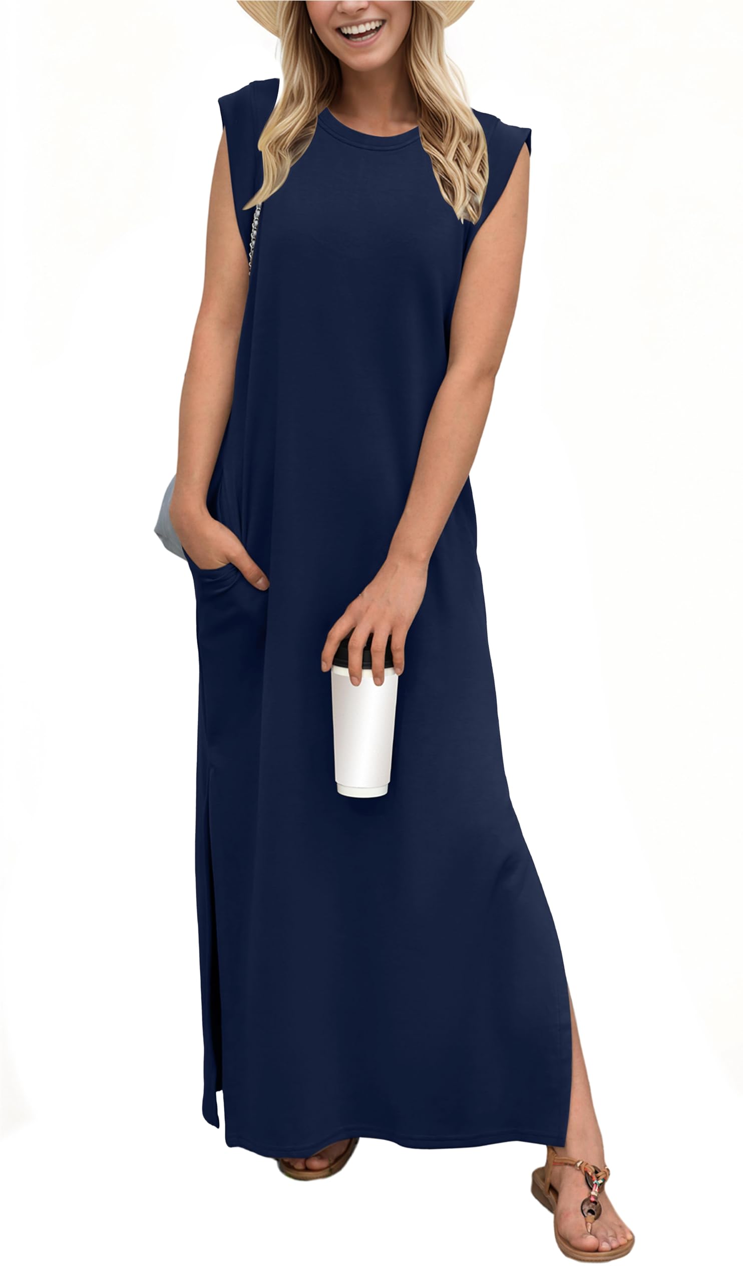 Women Casual Loose Split Wrinkle-Free Long Maxi  Dress with Pockets