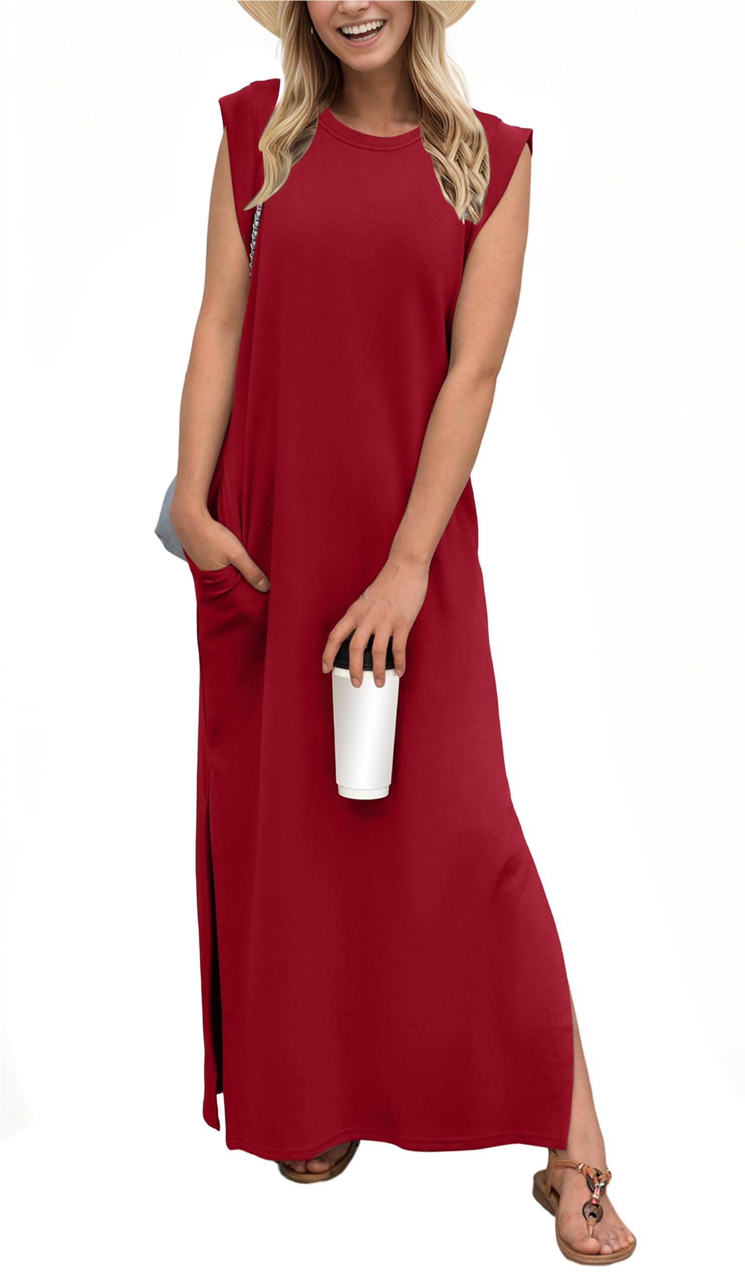 Women Casual Loose Split Wrinkle-Free Long Maxi  Dress with Pockets