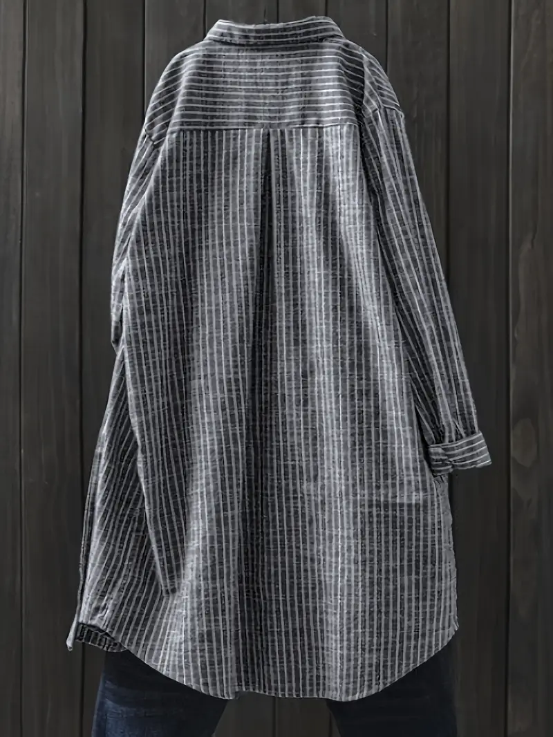 spring and summer womens casual striped pocket long sleeve button up shirt breathable versatile professional commuter casual attire blouse Product details 1