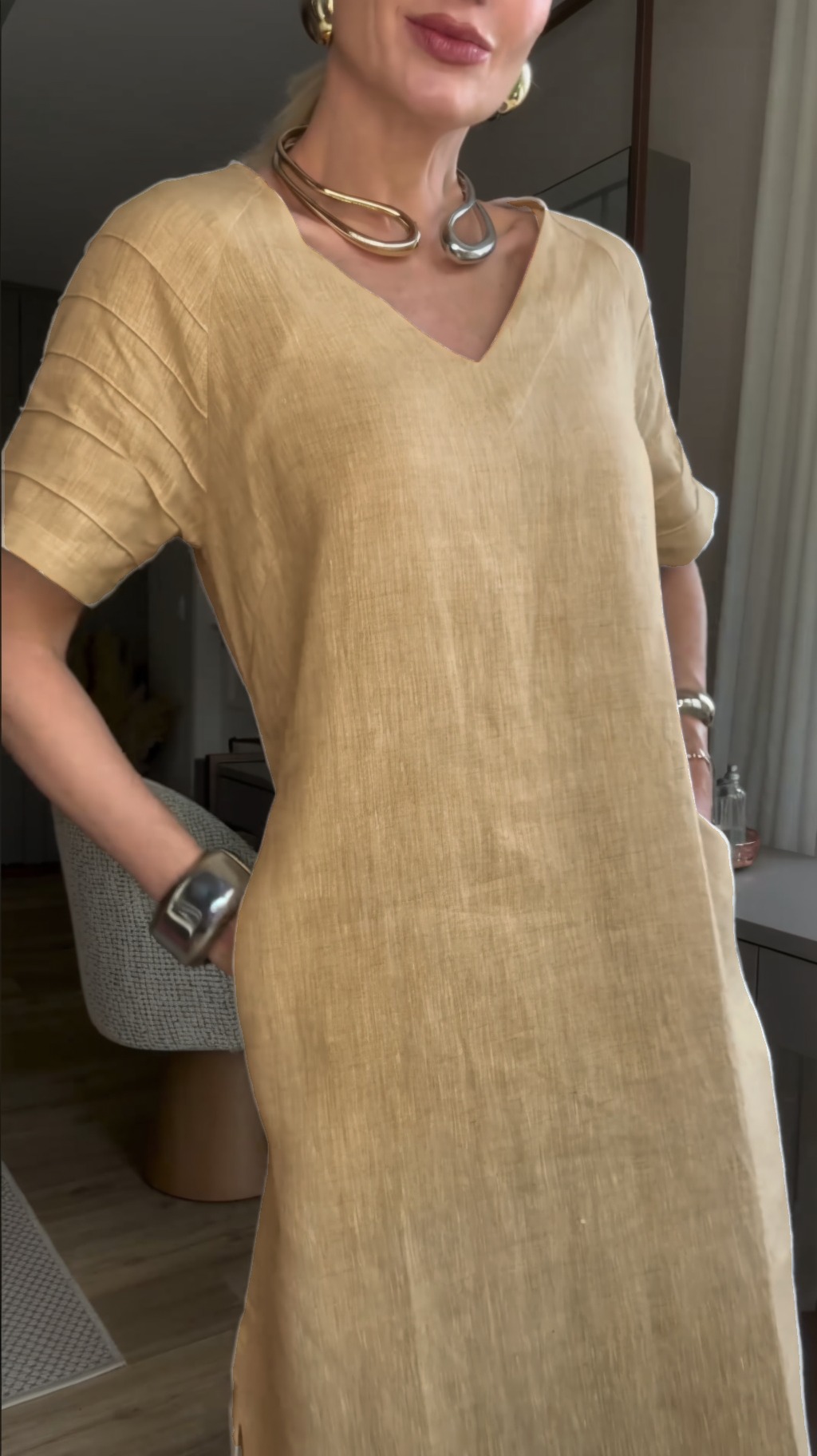 Women's Short sleeve Cotton Linen Skirt Dress With Pocket