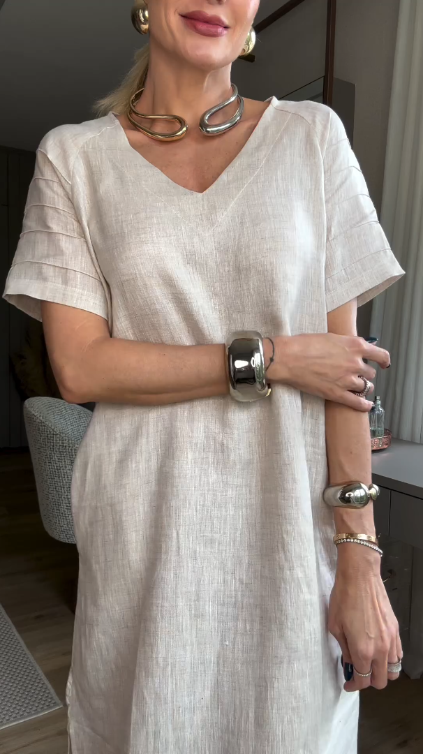 Women's Short sleeve Cotton Linen Skirt Dress With Pocket