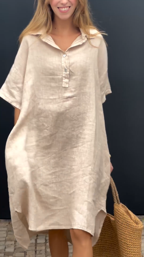 2024 New Women's Casual Cotton Linen Shirt Dress With Pocket