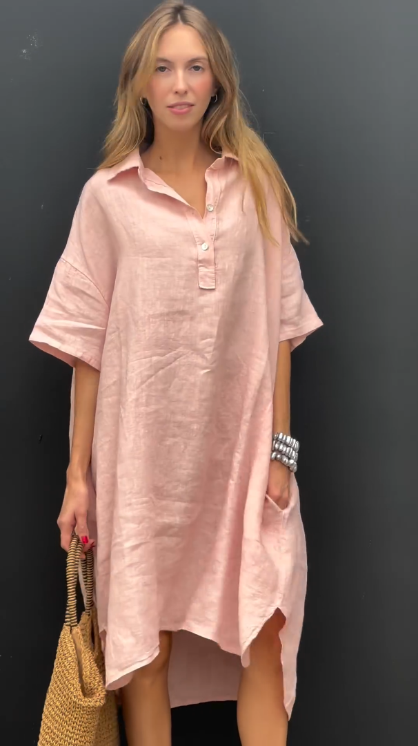 2024 New Women's Casual Cotton Linen Shirt Dress With Pocket