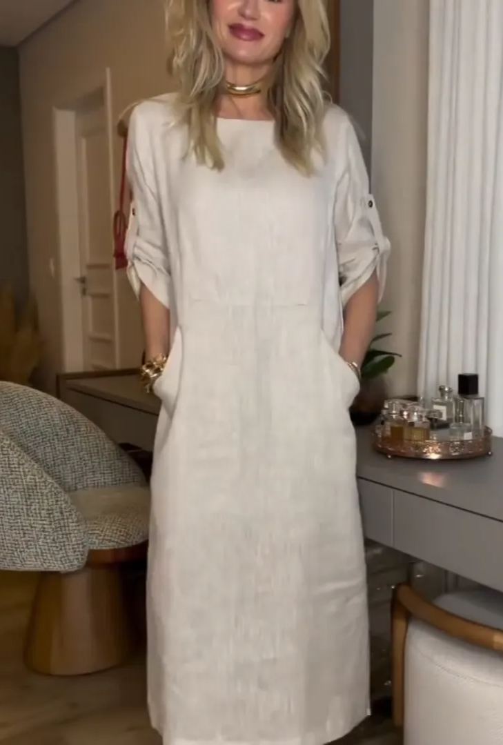 Women's Cotton linen casual dress with pocket