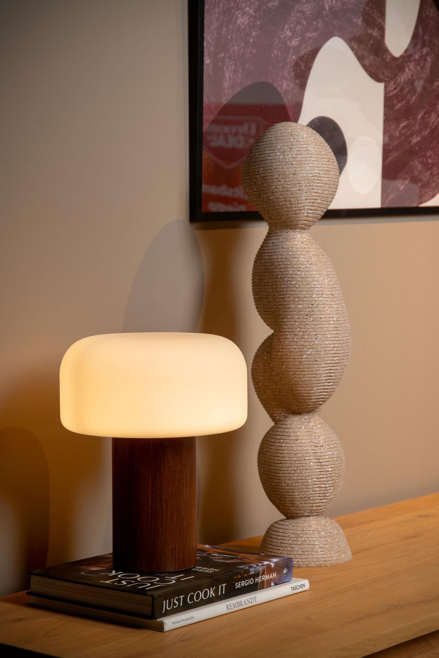 Kenan Table Lamp - Dark Wood/Opal