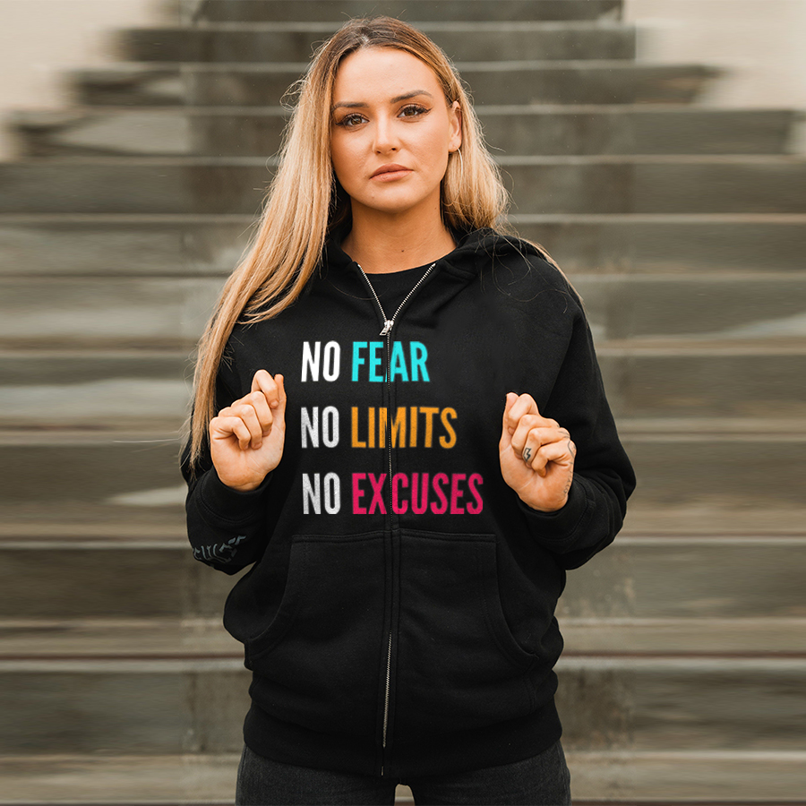 Oversized No Fear No Limits No Excuses Printed Women's Zip-Up Hoodie
