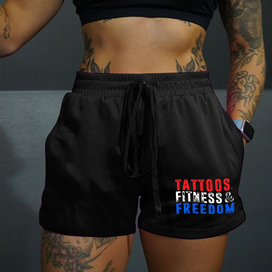 Tattoos Fitness & Freedom Print Rope Elastic Waist Casual Women's Shorts-traneing