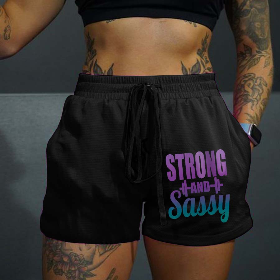 Strong And Sassy Print Rope Elastic Waist Casual Women's Shorts-traneing