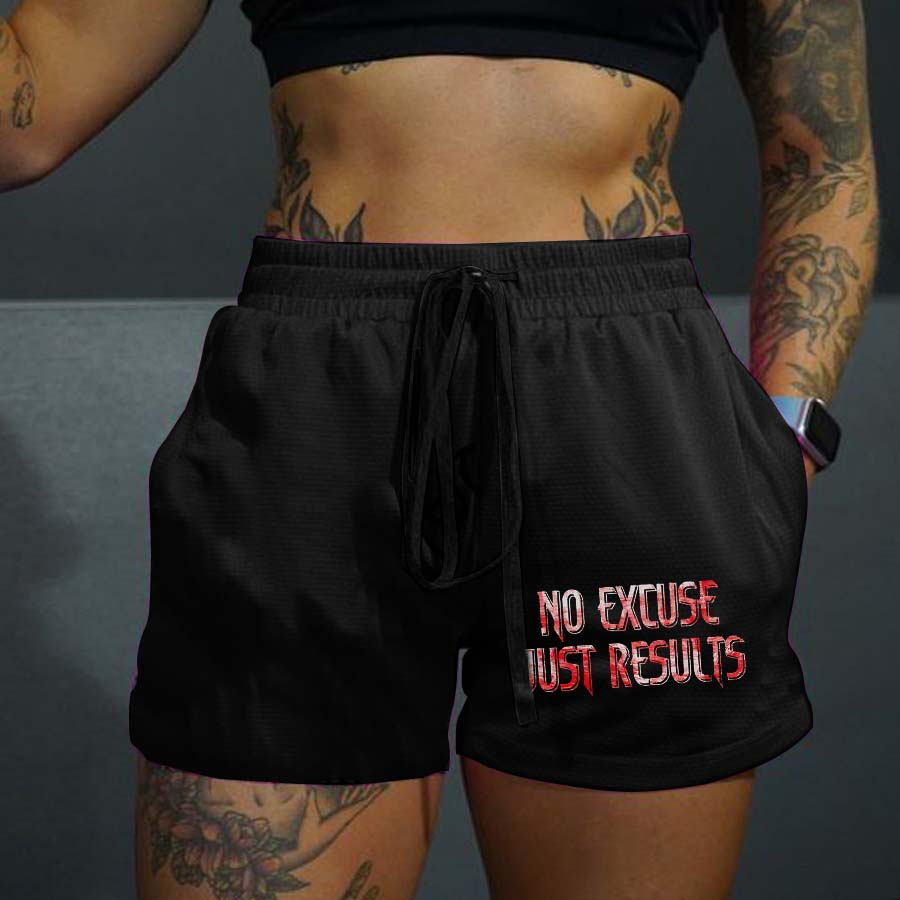 No Excuse Just Results Print Rope Elastic Waist Casual Women's Shorts-traneing