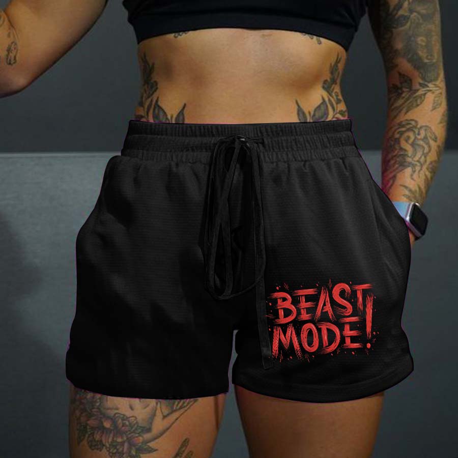 Beast Mode! Print Rope Elastic Waist Casual Women's Shorts-traneing