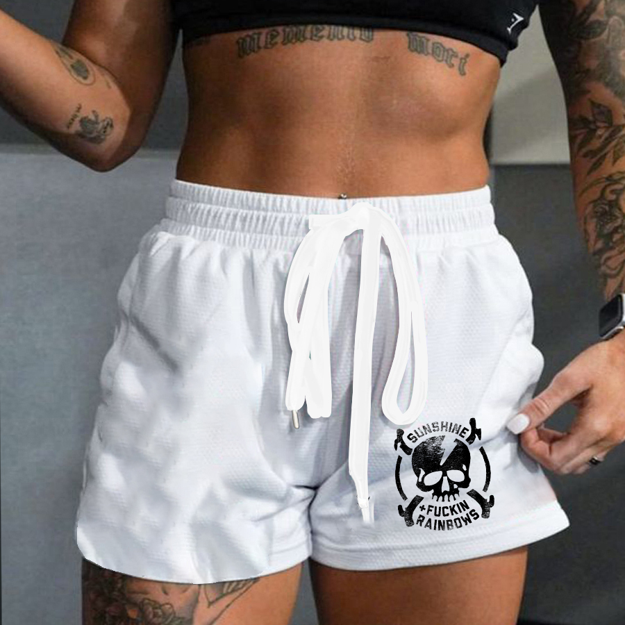 Sunshine + Fuckin Rainbows Print  Rope Elastic Waist Casual Women's Shorts