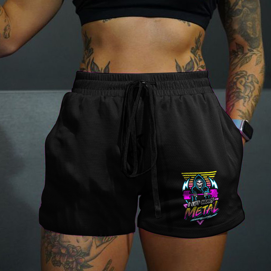I Lift Heavy Metal Printed Rope Elastic Waist Casual Women's Shorts-traneing