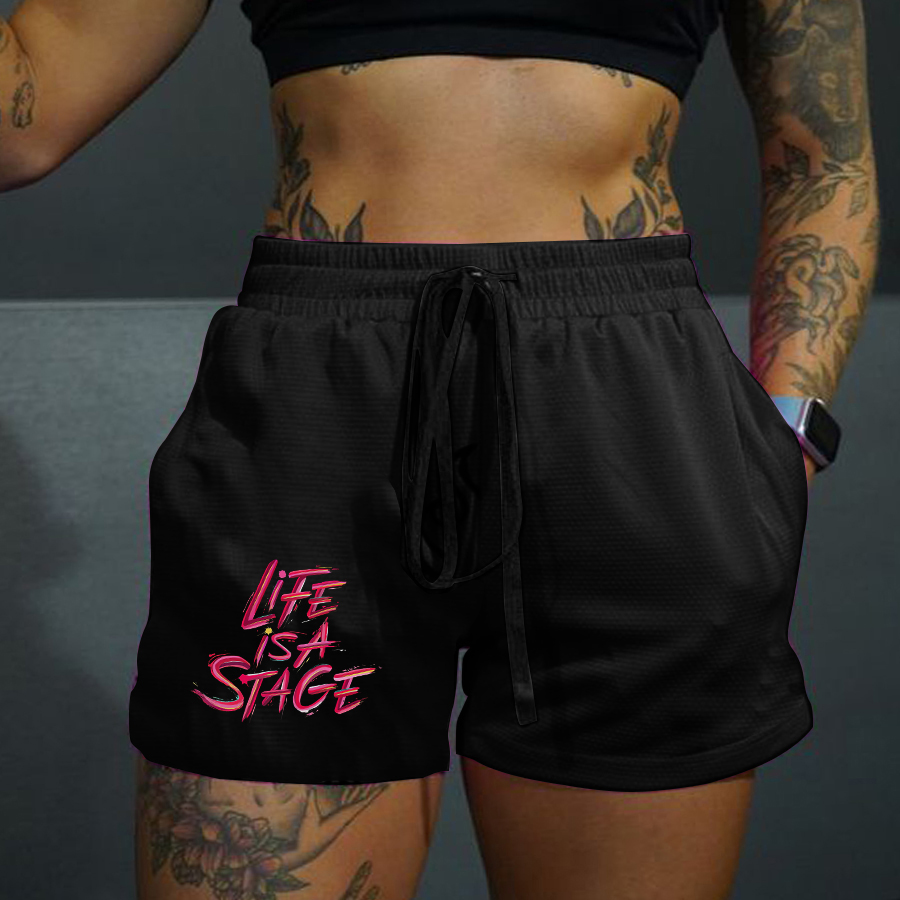 Life Is A Stage Printed Rope Elastic Waist Casual Women's Shorts-traneing