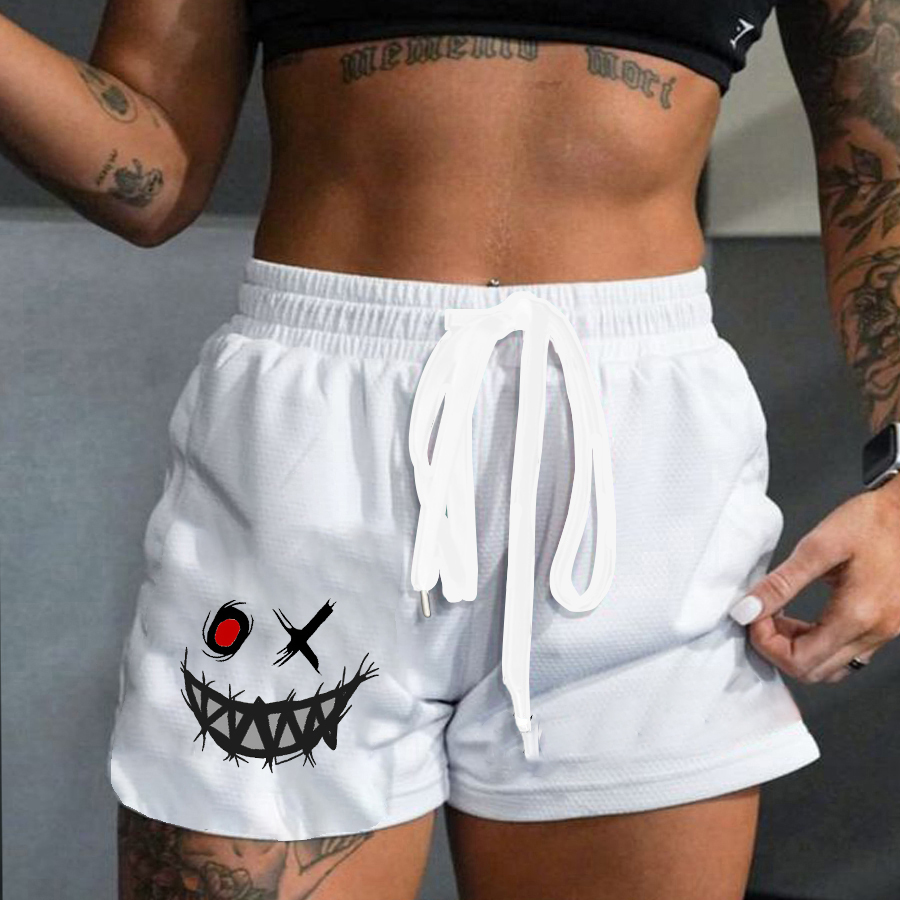 Evil Smiley Printed Rope Elastic Waist Casual Women's Shorts-traneing