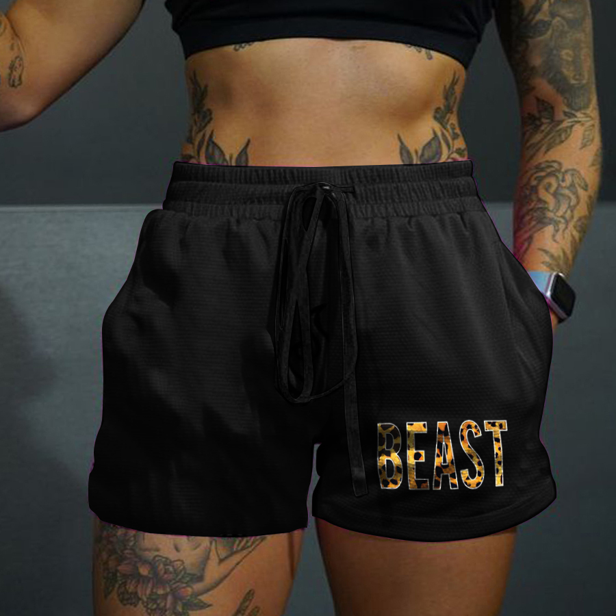 Beast Printed Rope Elastic Waist Casual Women's Shorts-traneing