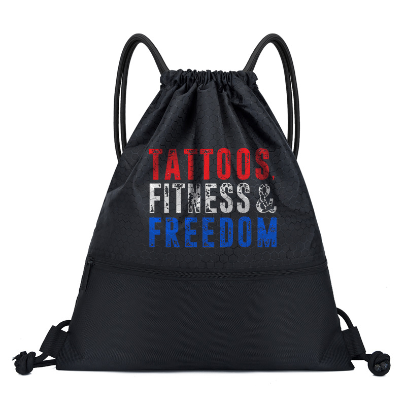 Tattoos Fitness & Freedom Printed Waterproof Drawstring Sports Bag-traneing