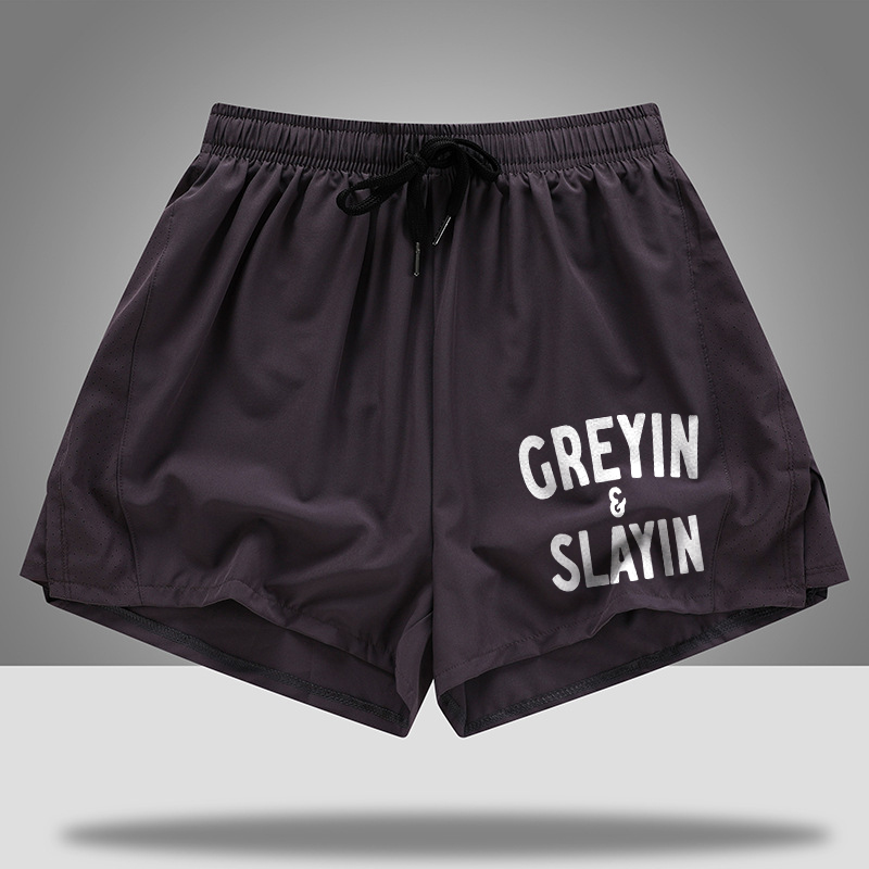 Grey In Slayin Printed Rope Elastic Waist Casual Women's Shorts-traneing