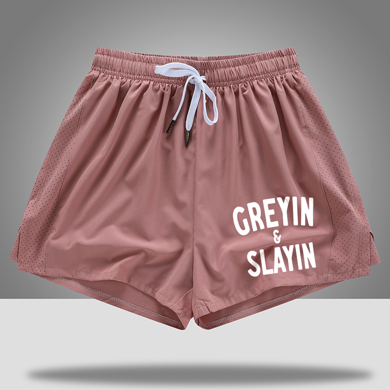 Grey In Slayin Printed Rope Elastic Waist Casual Women's Shorts-traneing