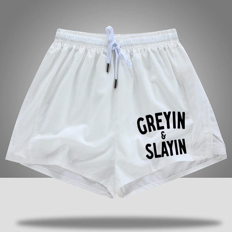 Grey In Slayin Printed Rope Elastic Waist Casual Women's Shorts-traneing