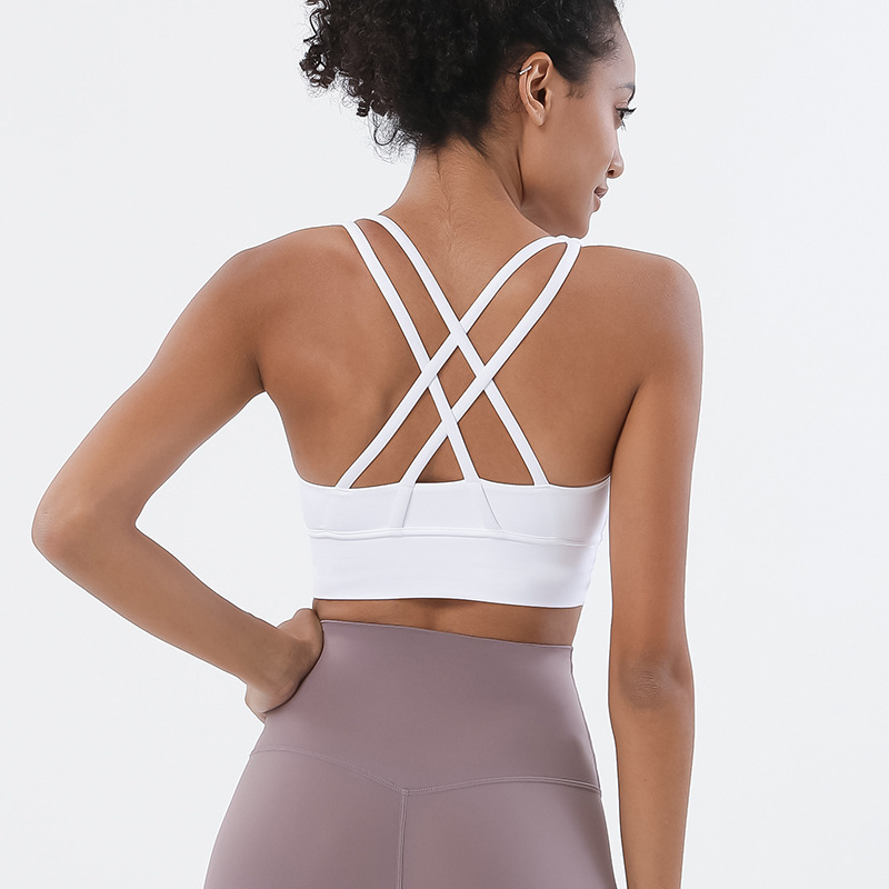 Solid Color Cross Back Shockproof Gathered Yoga Fitness Women's Sports Vest-traneing