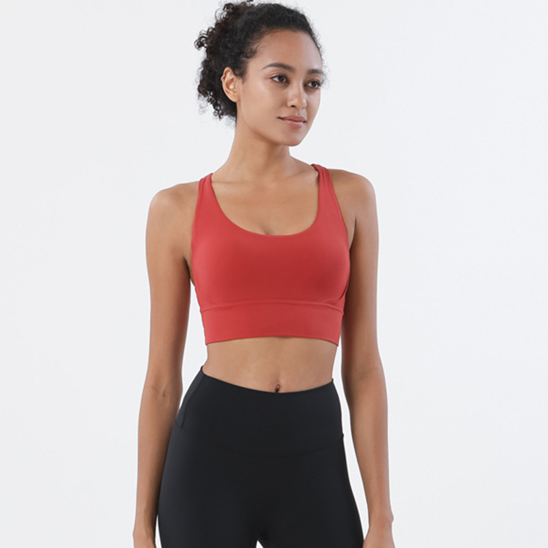 Solid Color Cross Back Shockproof Gathered Yoga Fitness Women's Sports Vest-traneing