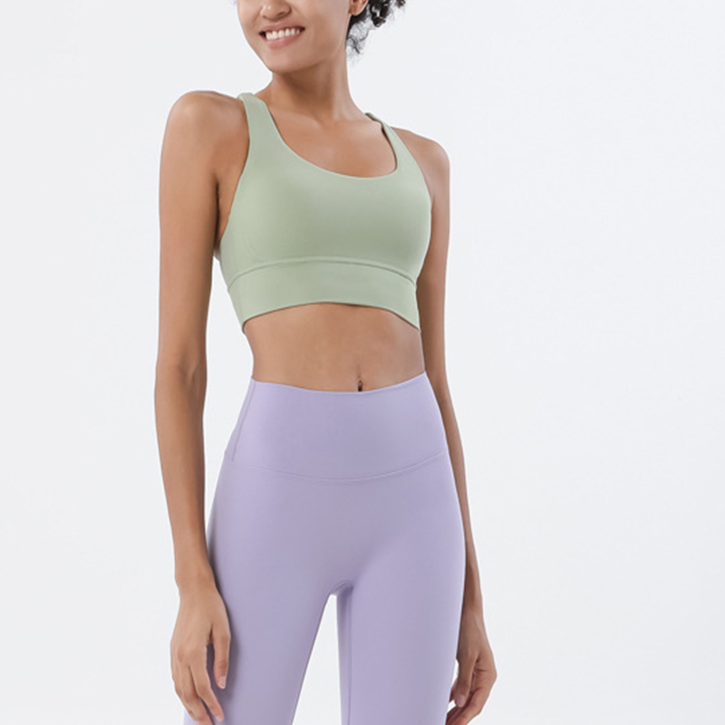 Solid Color Cross Back Shockproof Gathered Yoga Fitness Women's Sports Vest-traneing
