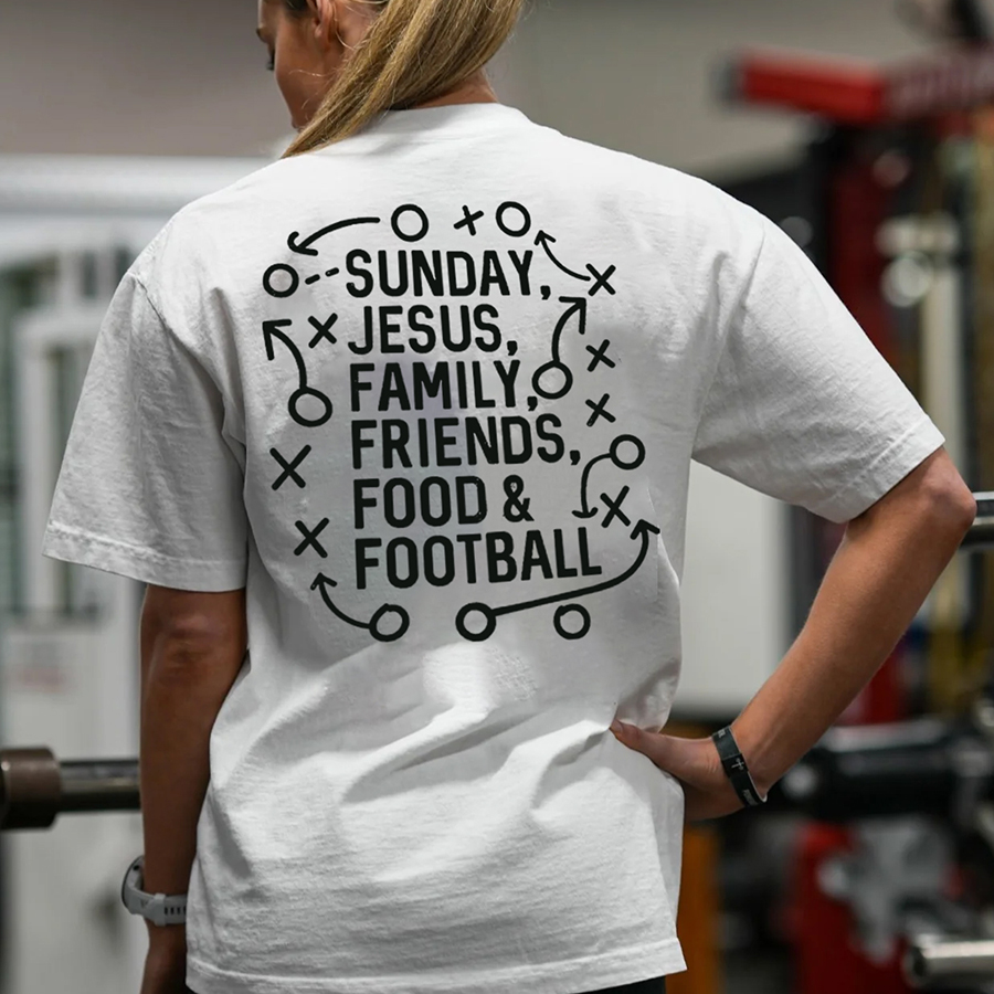 Sunday,Jesus,Family,Friends,Food&Football Print Women's T-shirts