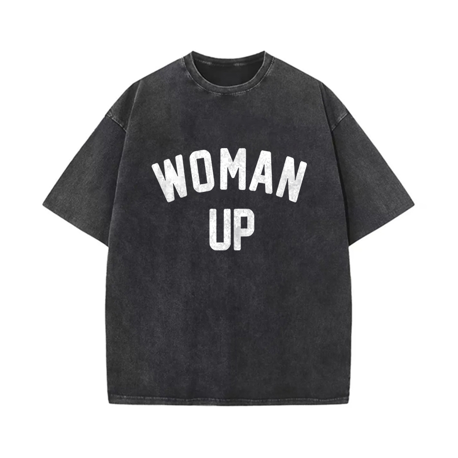 Woman Up Printed Oversize Washed T-Shirt Image - 1