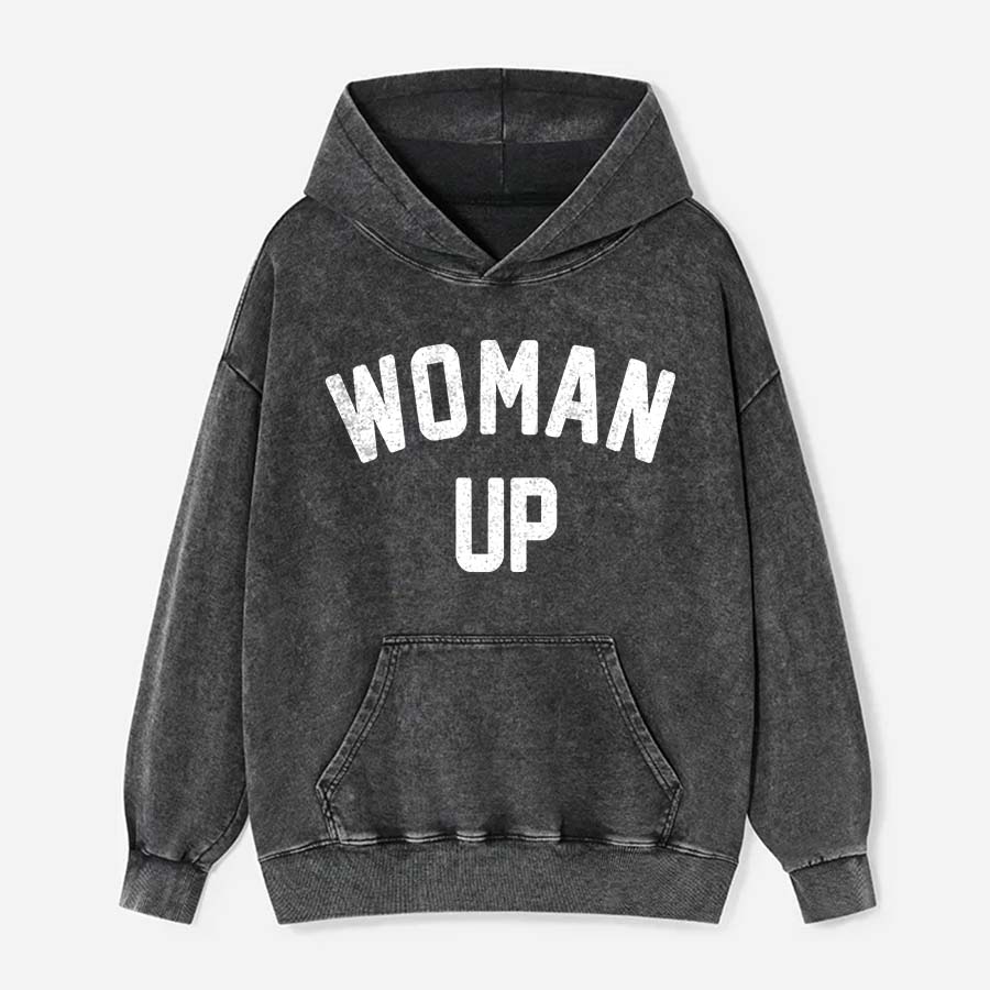 Woman Up Printed Washed Hoodie-traneing