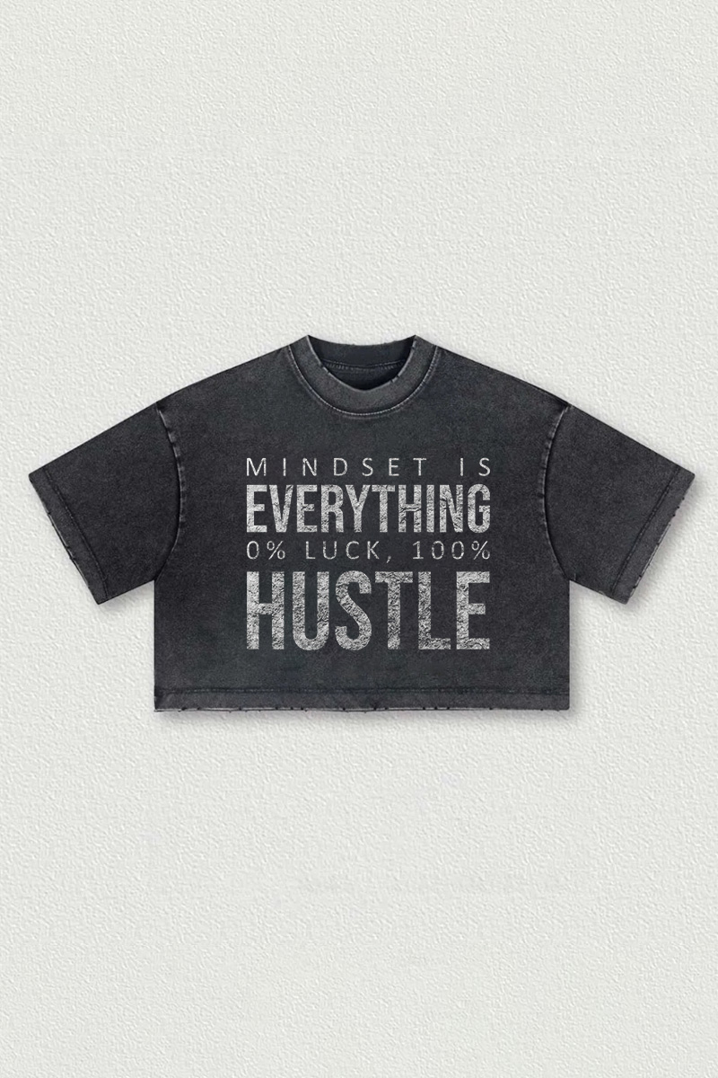 Mindset Is Everything 0% Luck 100% Hustle Printed Washed Women's Cropped Top-traneing