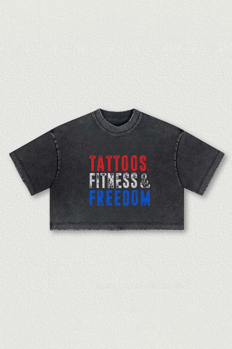 Tattoos Fitness & Freedom Printed Washed Women's Cropped Top-traneing