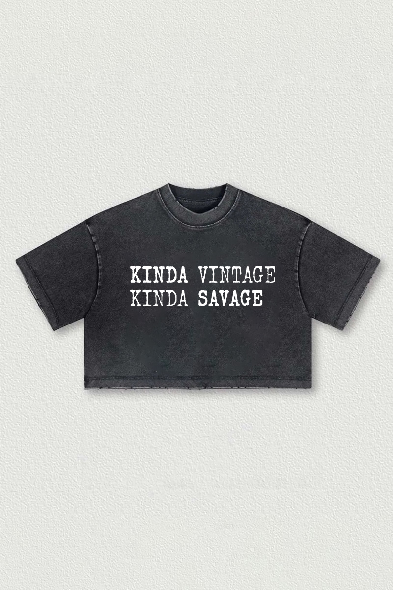 Kinda Vintage Kinda Savage Printed Washed Women's Cropped Top Image - 2