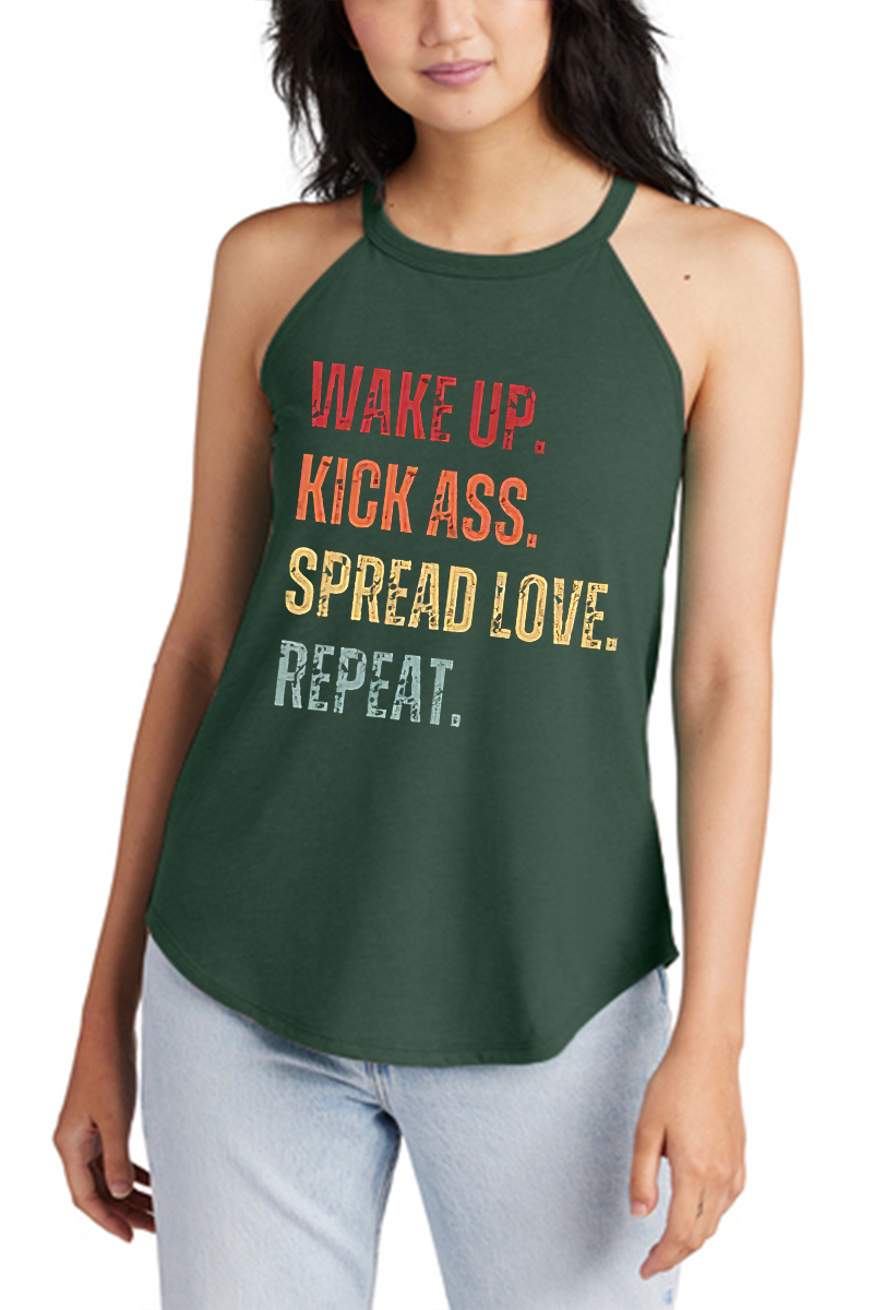 Wake Up. Kick Ass. Spread Love. Repeat Printed Yoga Tank Tops Image - 2