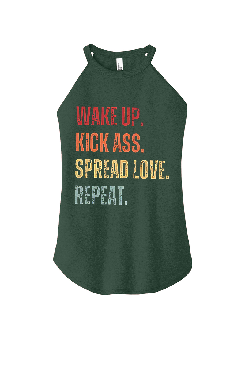 Wake Up. Kick Ass. Spread Love. Repeat Printed Yoga Tank Tops Image - 1
