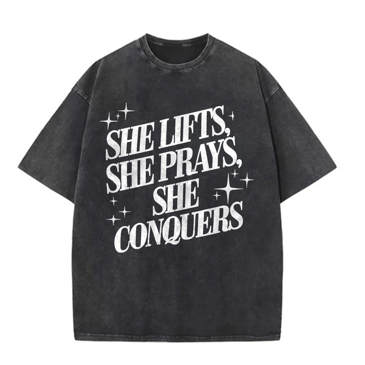 She Lifts, She Prays, She Conquers Printed Unisex Washed T-Shirt-traneing