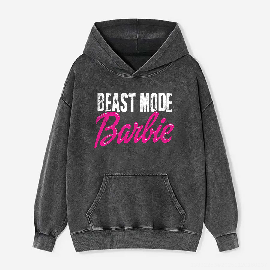 Beast Mode Barbie Printed Unisex Washed Hoodie-traneing