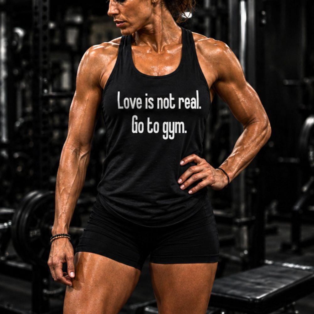 Love Is Not Real. Go to Gym Printed Racerback Tank Tops