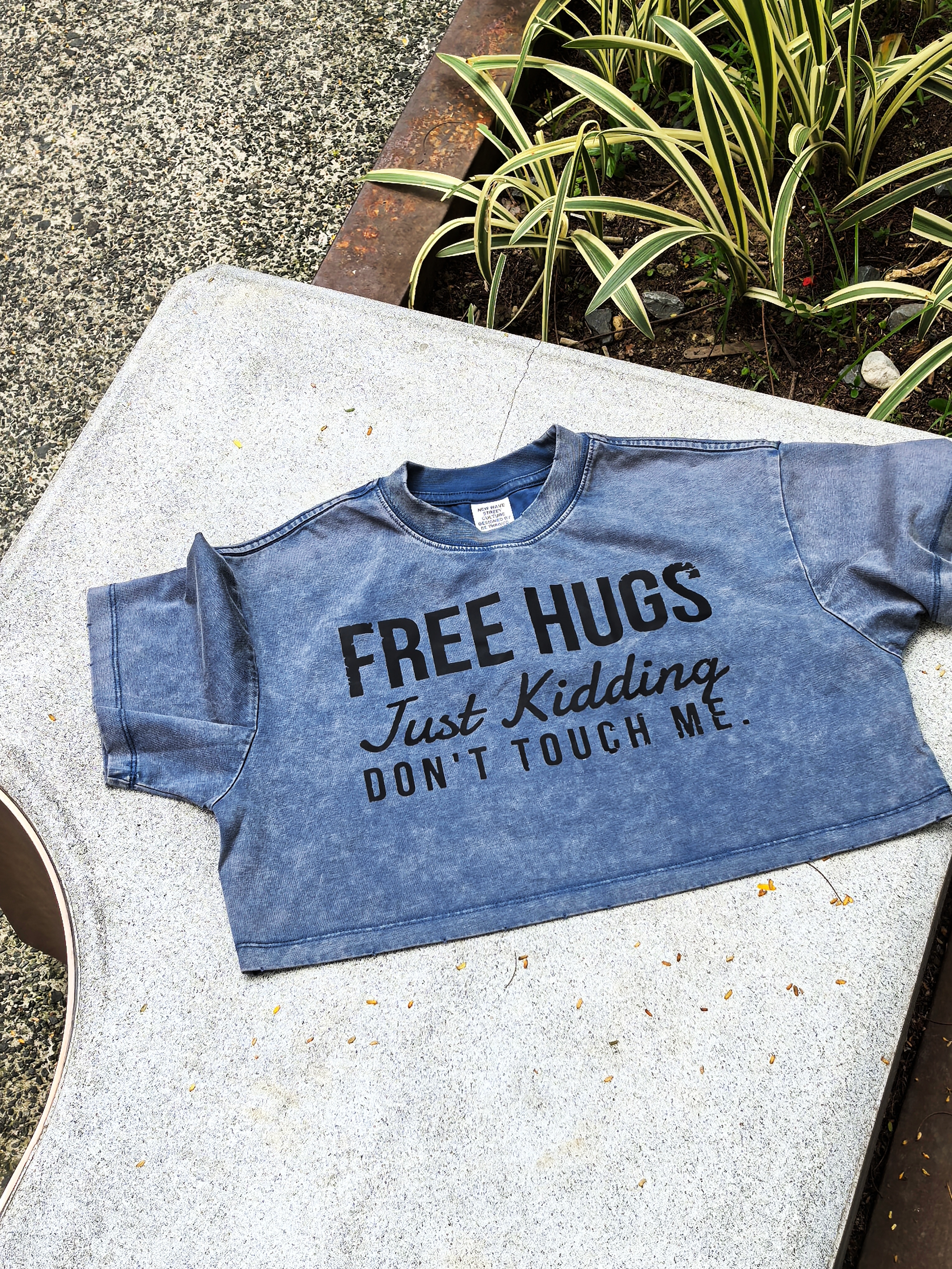 Free Hugs Just Kidding Don't Touch Me Printed Washed Women's Cropped Top