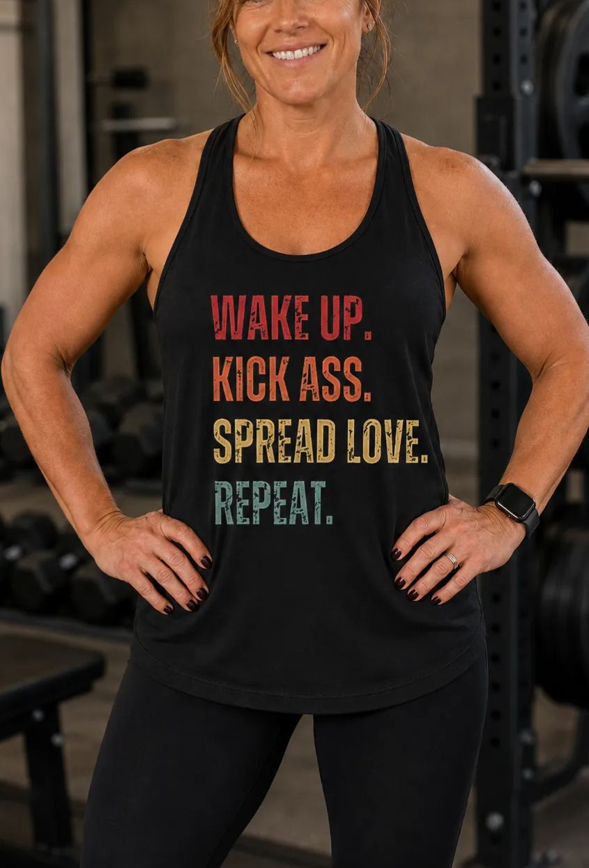 Wake Up Kick Ass Spread Love Repeat Printed Racerback Tank Tops