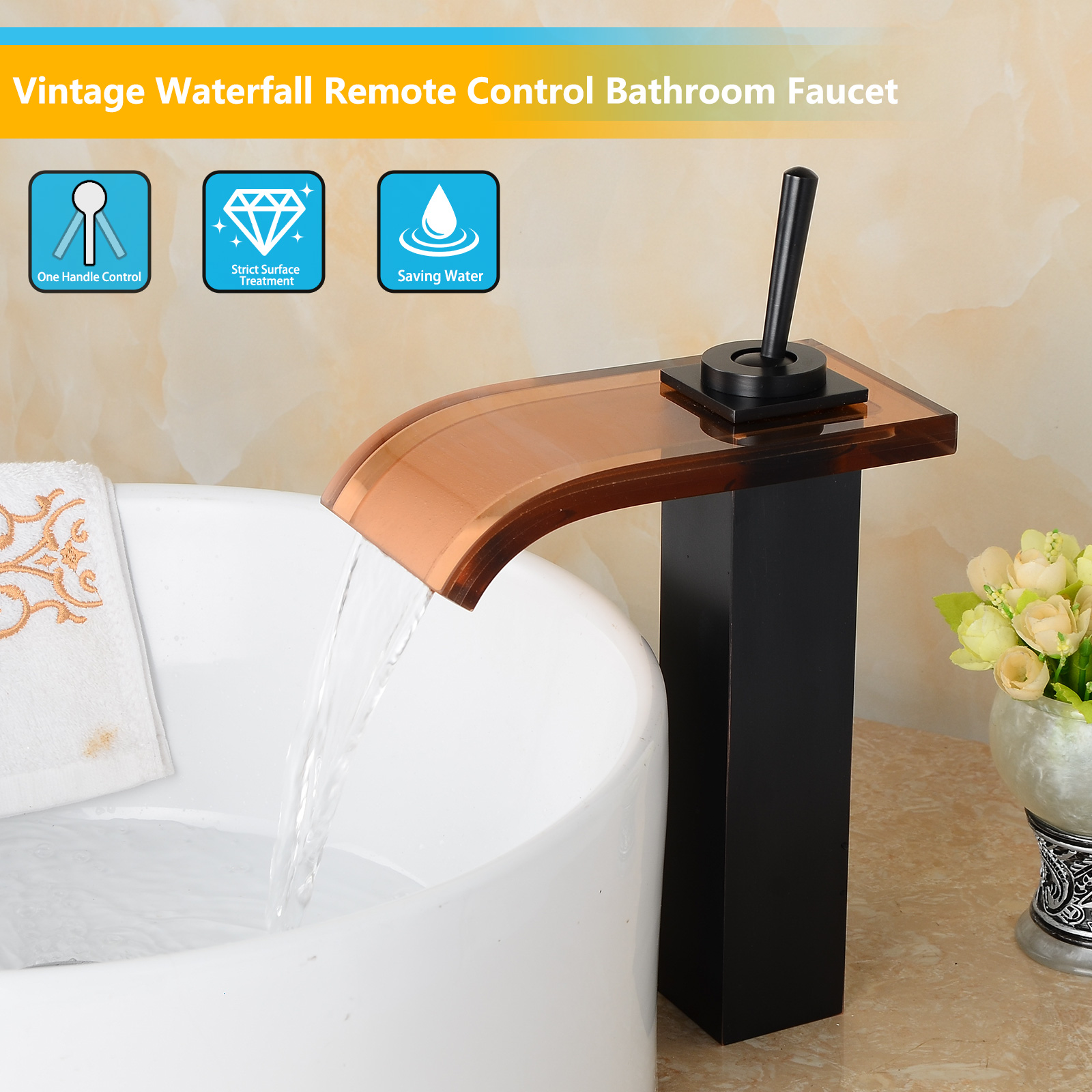Wovier Waterfall Vessel Faucet, Single Handle Single Hole Bathroom Faucet - W8121-1
