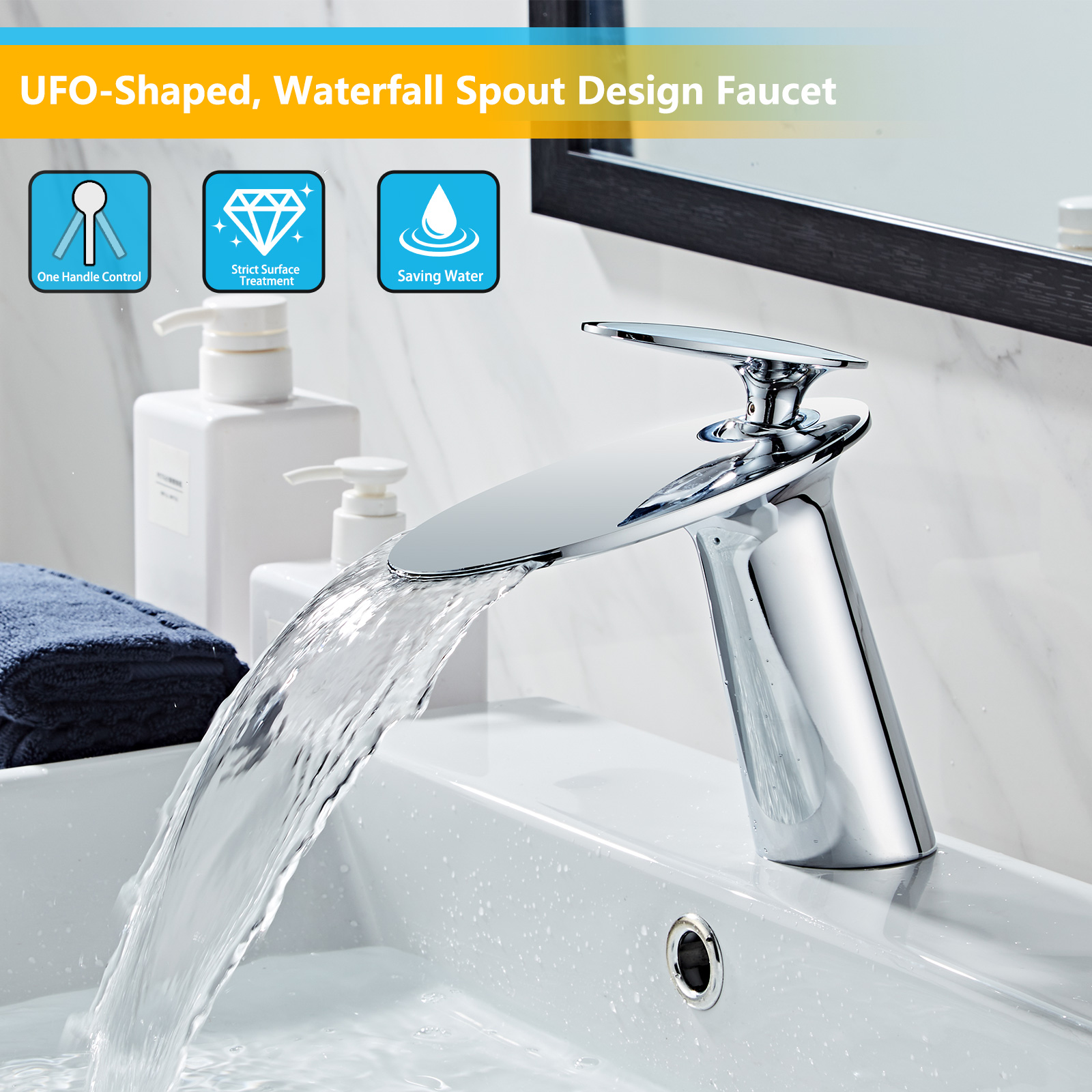 Wovier Waterfall Bathroom Sink Faucet,Single Handle Single Hole Faucet-W8204-28