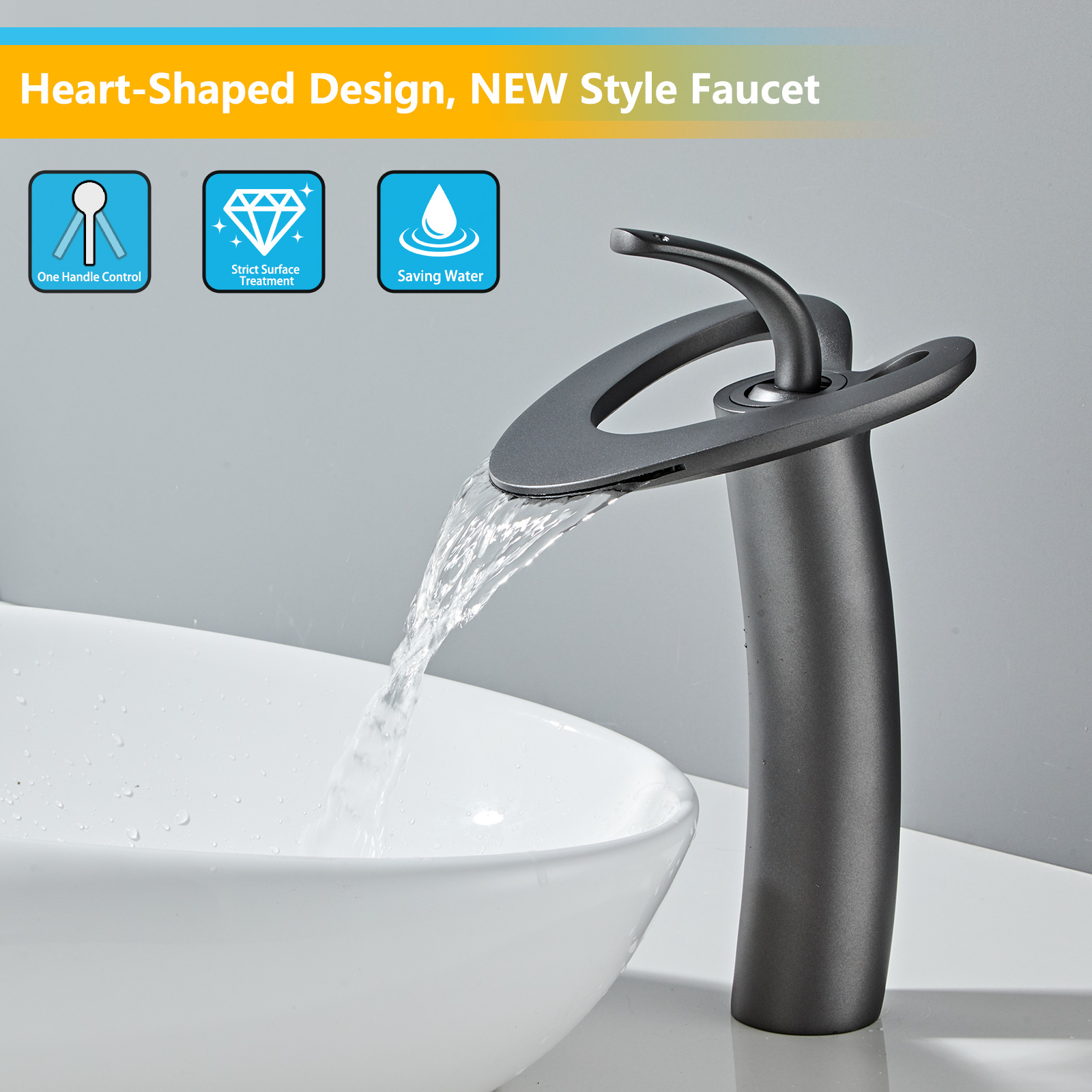 Wovier Waterfall Vessel Faucet,Single Handle Single Hole Vessel Bathroom Faucet - 8253-6
